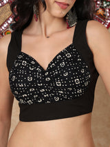 Black printed cotton sweetheart sleeveless back open blouse design