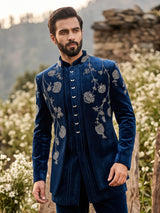 Peacock blue layered mens indo western