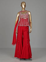Red silk designer palazzo suit with bead embellishments