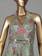Pista green silk designer jumpsuit with floral resham embellishments