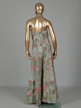 Pista green silk designer jumpsuit with floral resham embellishments
