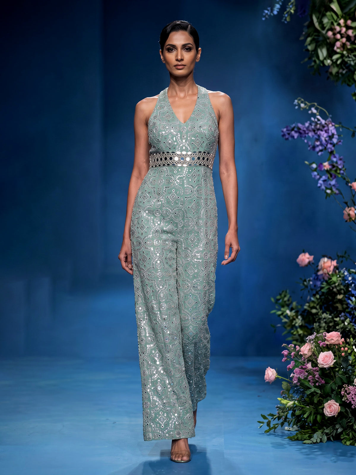 Mint green silk designer jumpsuit with aabla work