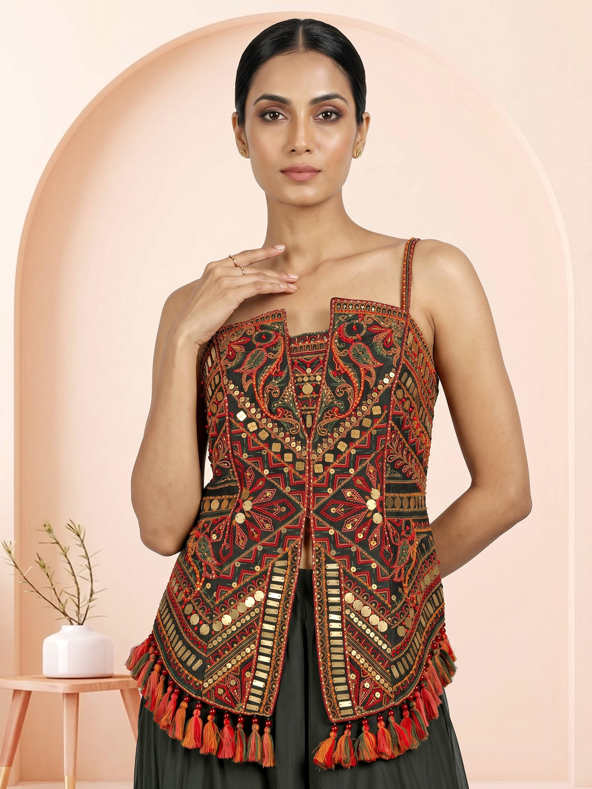 Mehendi green georgette palazzo suit with embroidered tassel detailing