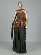 Mehendi green georgette palazzo suit with embroidered tassel detailing