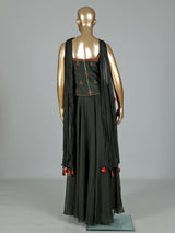 Mehendi green georgette palazzo suit with embroidered tassel detailing
