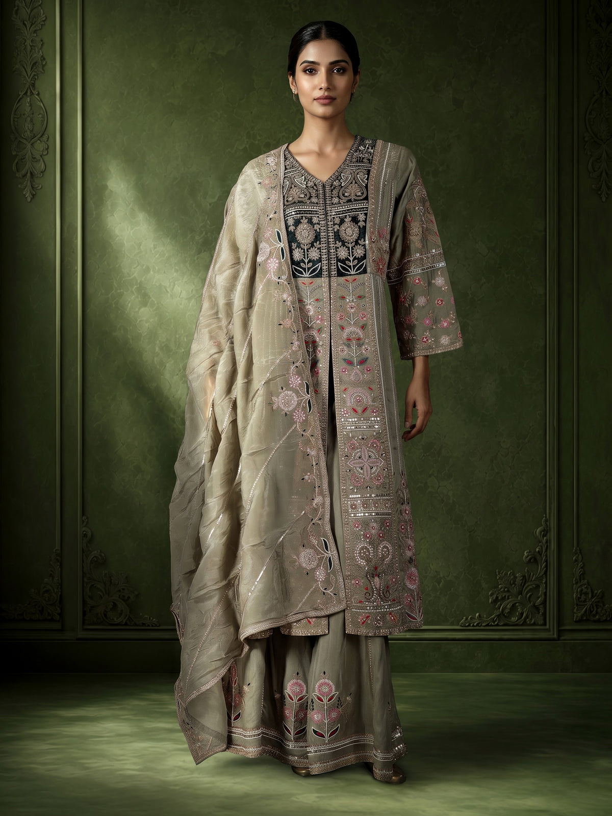 Sage green raw silk pakistani anarkali with embellished palazzo and dupatta