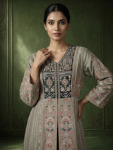 Sage green raw silk pakistani anarkali with embellished palazzo and dupatta