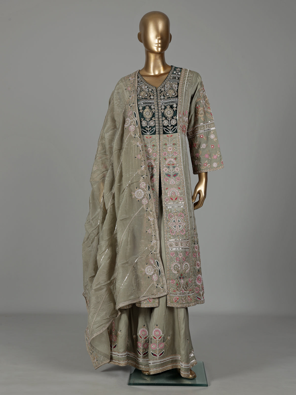 Sage green raw silk pakistani anarkali with embellished palazzo and dupatta