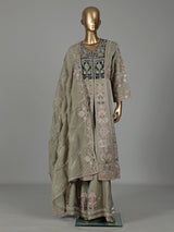 Sage green raw silk pakistani anarkali with embellished palazzo and dupatta