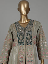 Sage green raw silk pakistani anarkali with embellished palazzo and dupatta