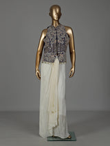 Purple white satin crepe silk indowestern suit with coin tassels