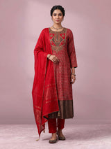 Red cotton silk printed anarkali suit with zardosi and zari embellishments