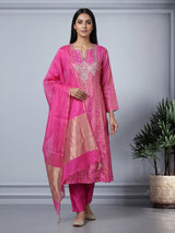 Rani pink chanderi silk anarkali with embellished sweetheart neckline