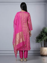 Rani pink chanderi silk anarkali with embellished sweetheart neckline