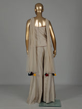 Beige silk designer palazzo suit with coin tassel detailing
