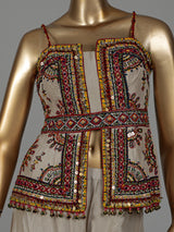 Beige silk designer palazzo suit with coin tassel detailing