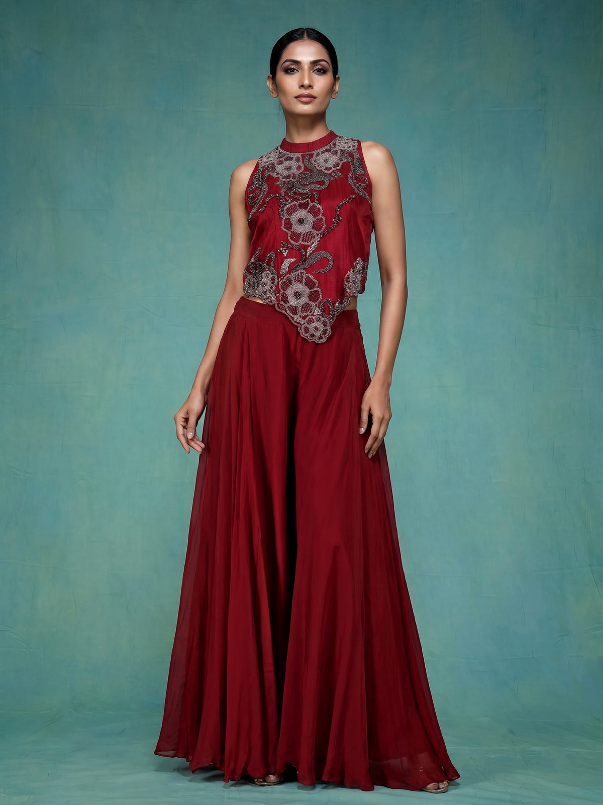 Maroon silk georgette floral palazzo suit with pearl cutdana detailing