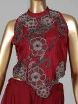 Maroon silk georgette floral palazzo suit with pearl cutdana detailing