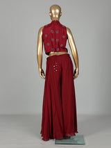 Maroon silk georgette floral palazzo suit with pearl cutdana detailing