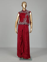 Maroon satin crepe silk indowestern suit with floral diamond embellishments