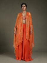 Orange satin silk designer salwar suit with embellished shrug