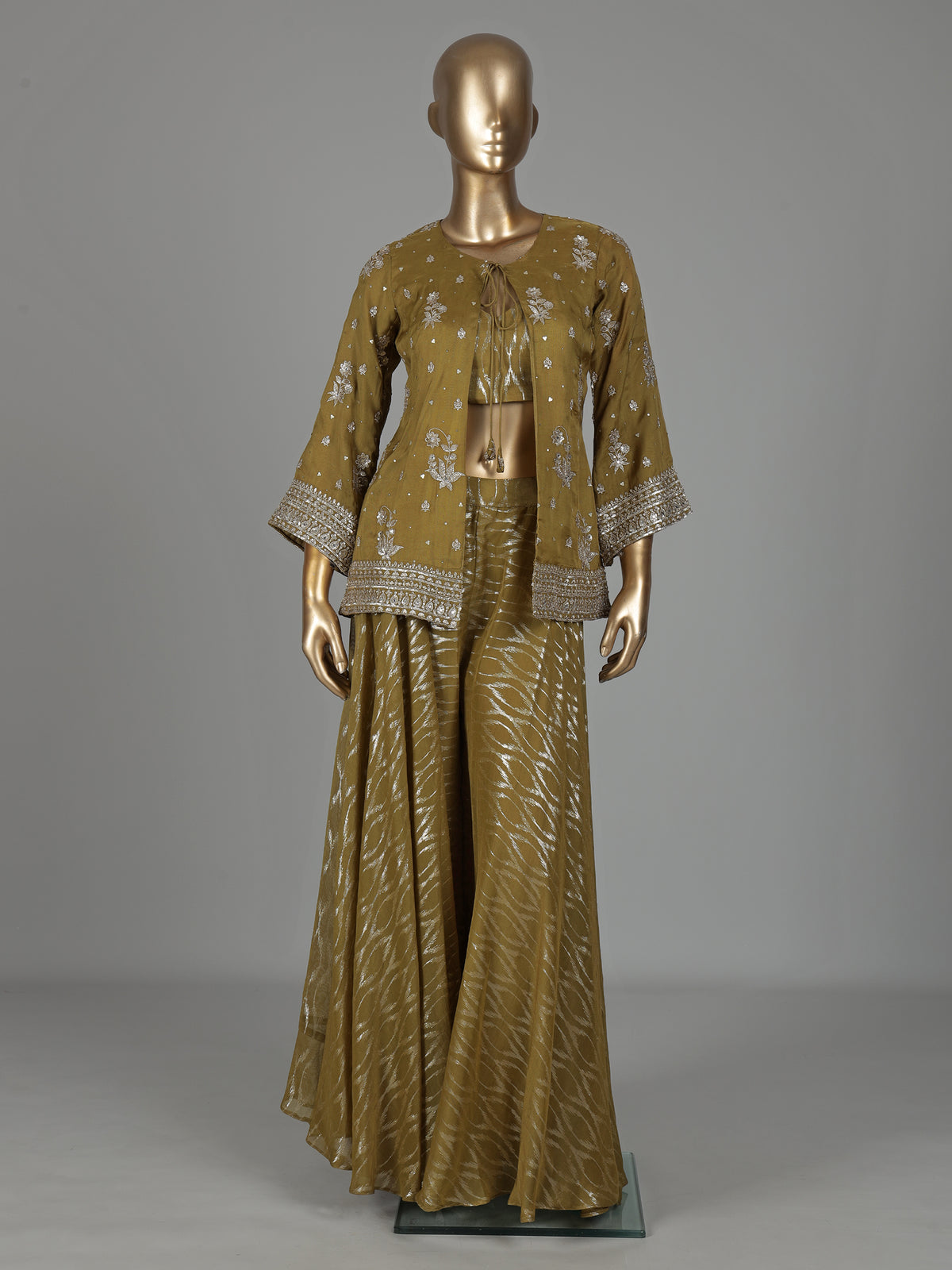 Mehendi olive silk designer palazzo suit
