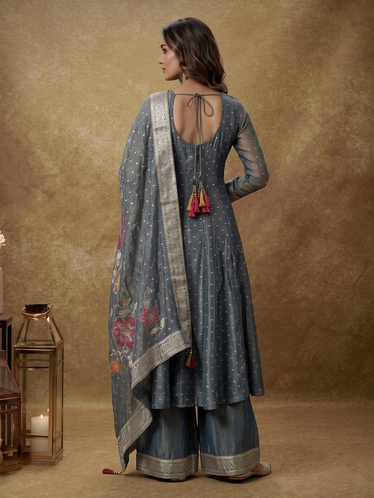Stone grey tissue silk anarkali with embellished sweetheart yoke detailing