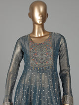 Stone grey tissue silk anarkali with embellished sweetheart yoke detailing