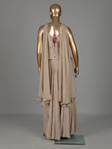 Beige satin silk palazzo suit with pink thread work