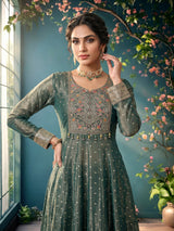 Pastel green tissue silk anarkali with embellished sweetheart yoke