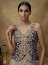 Beige satin silk palazzo suit with blue thread and sequin work