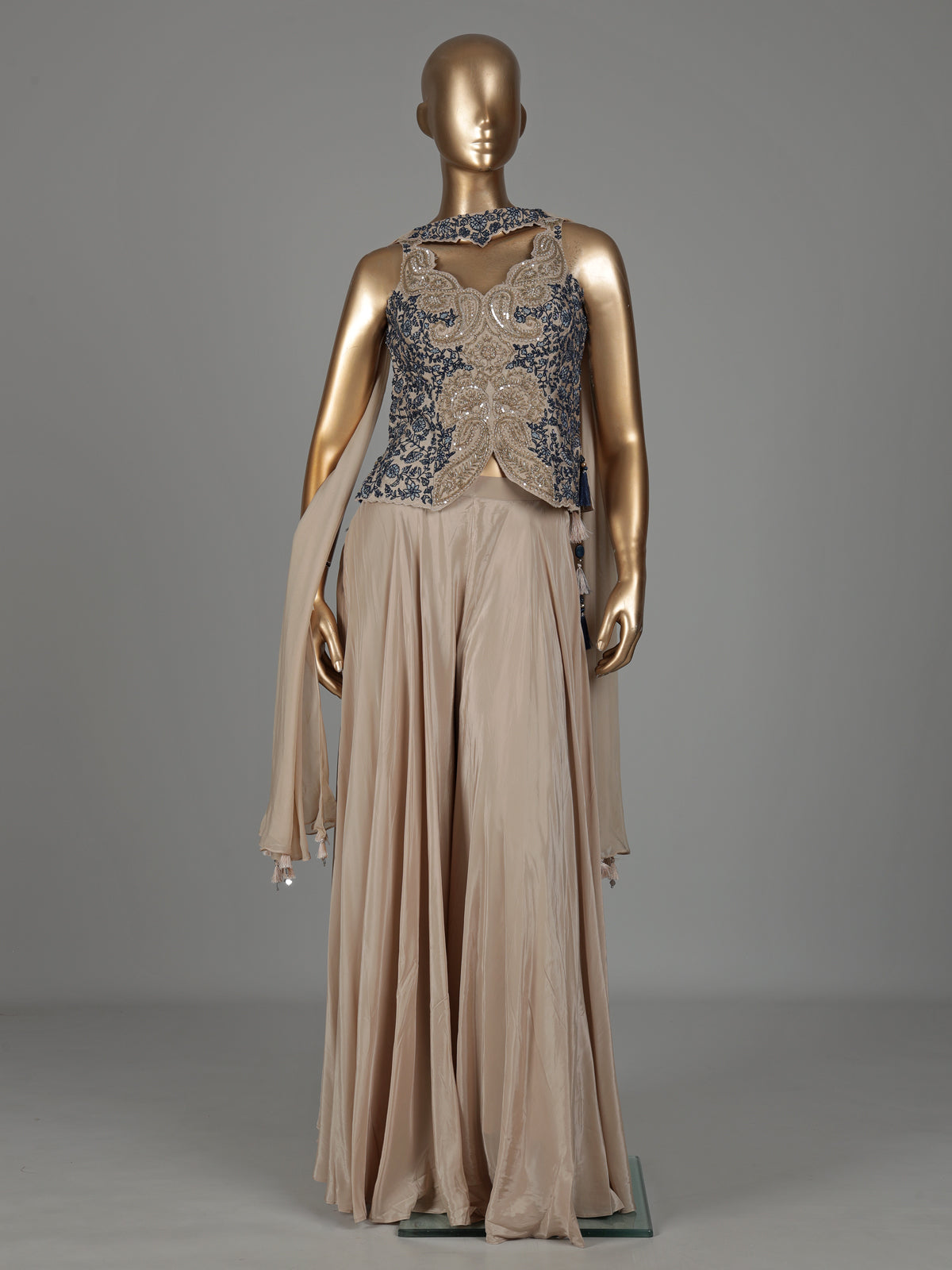 Beige satin silk palazzo suit with blue thread and sequin work