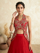 Red designer silk lehenga choli with tassel embellishments