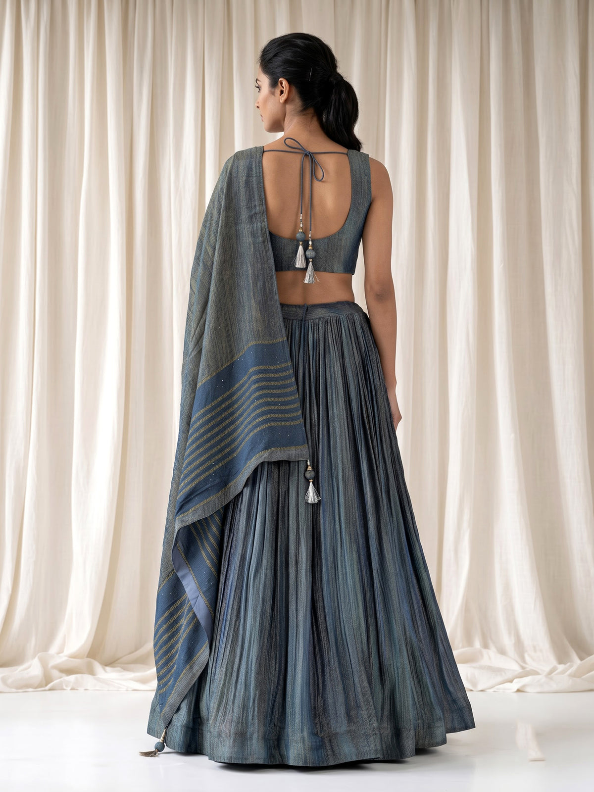 Blue shaded silk lehenga choli with resham zardosi embellishments