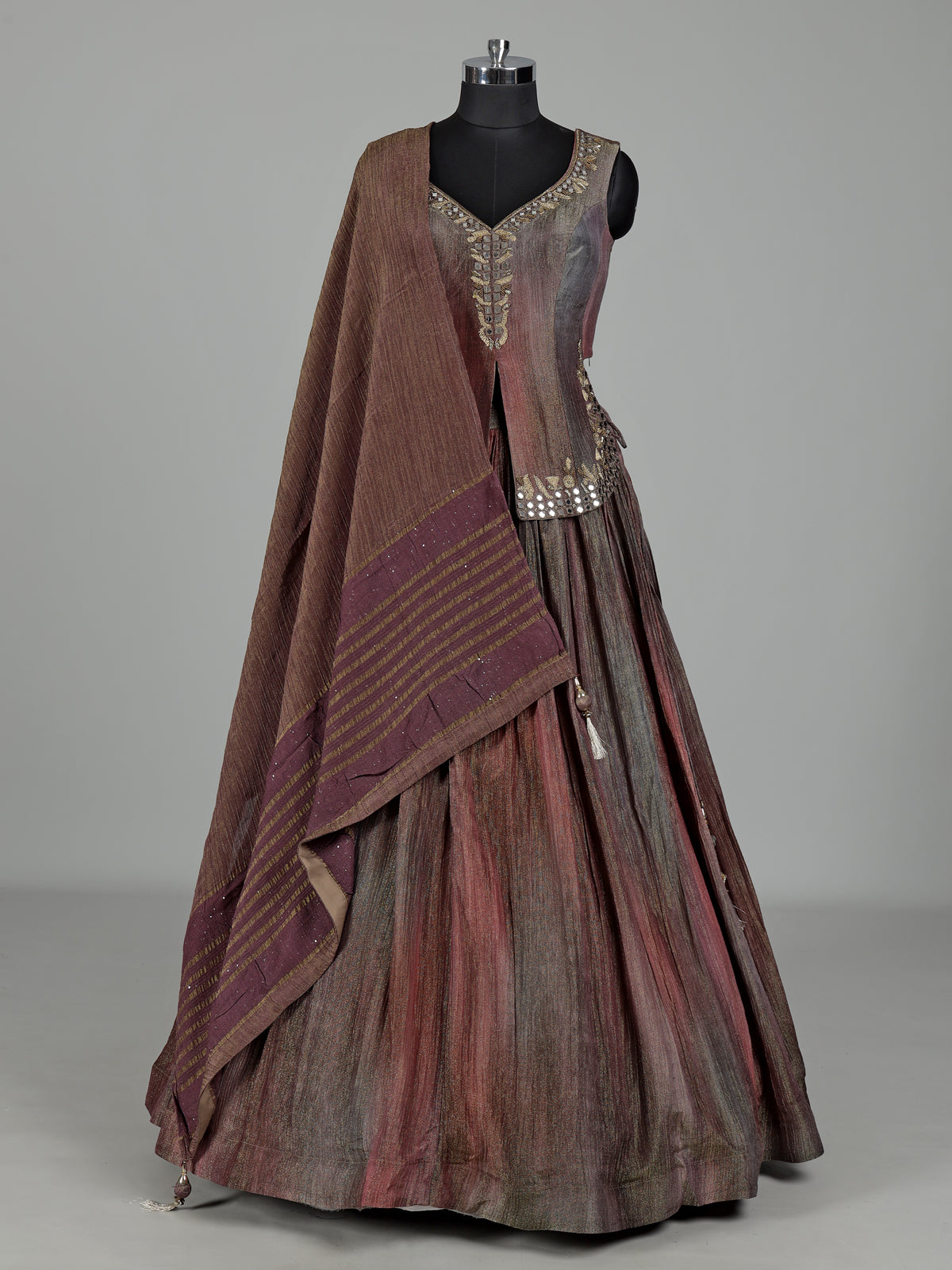 Brown shaded silk lehenga choli with elegant embellished detailing