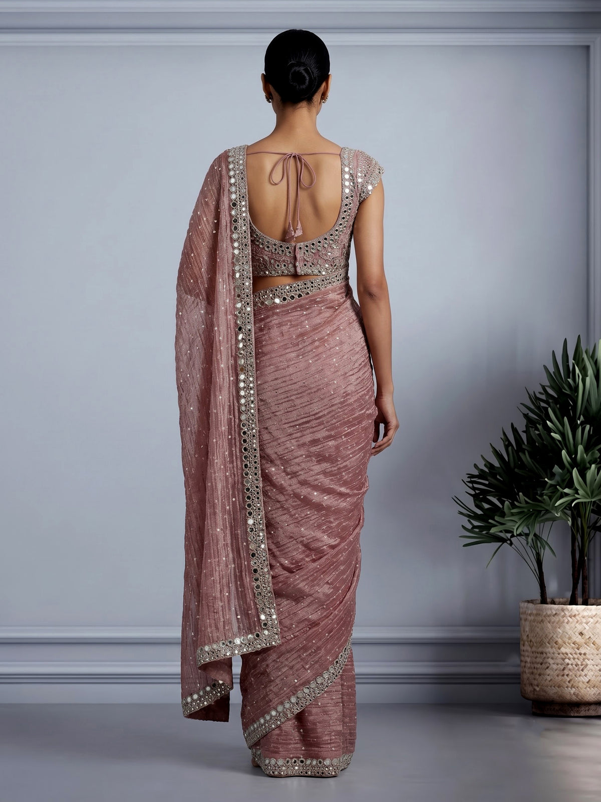 Onion pink tissue silk ready-to-wear saree with zari embellishments