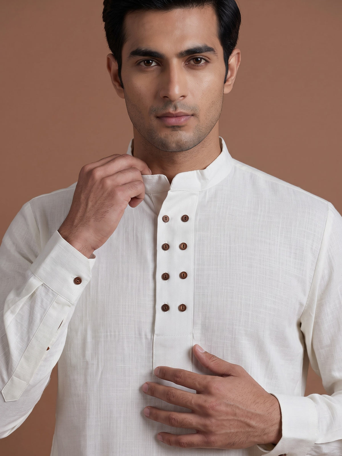 White linen solid mens short kurta