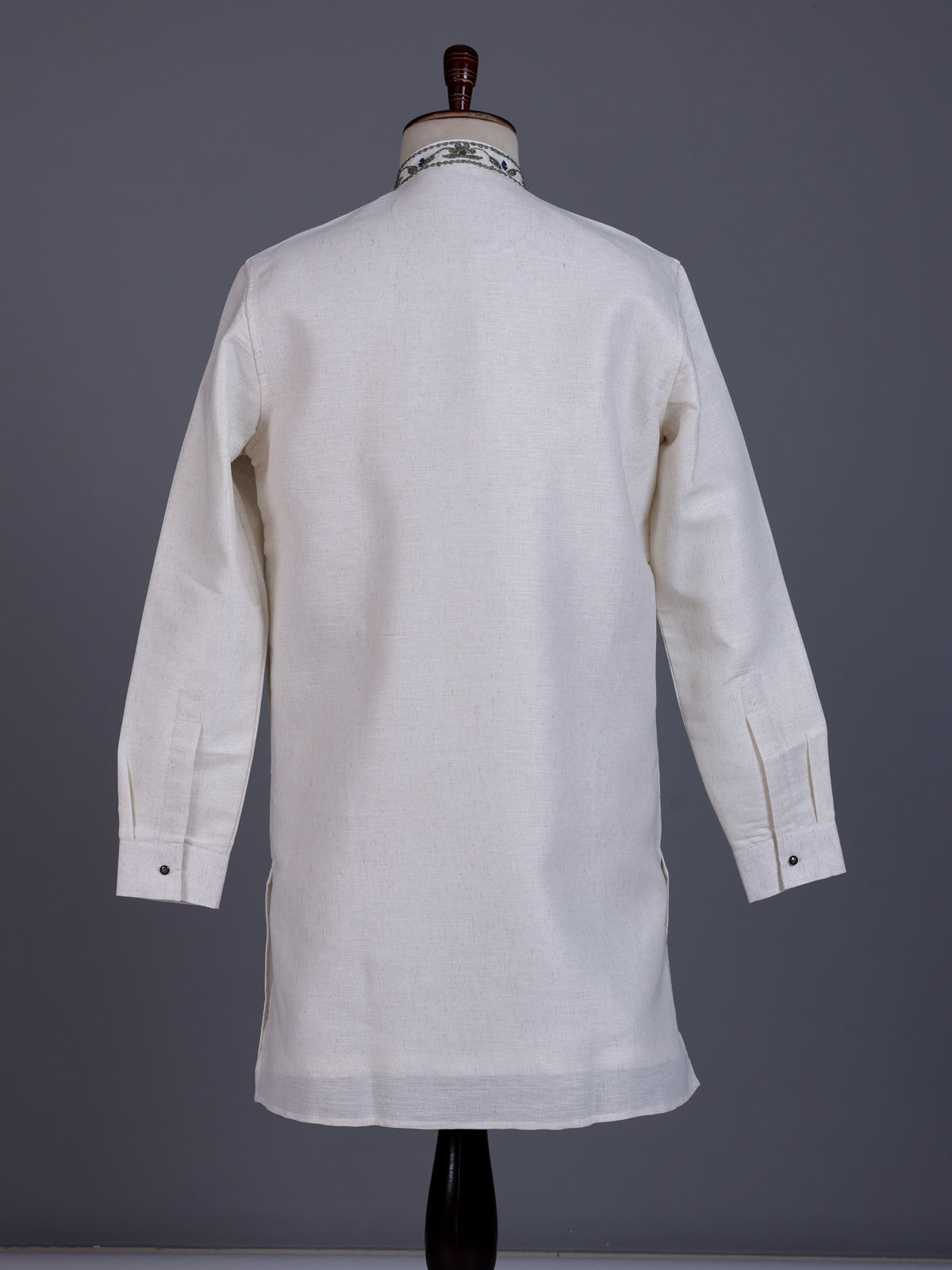 Off white linen mens kurta with intricate aabla threadwork
