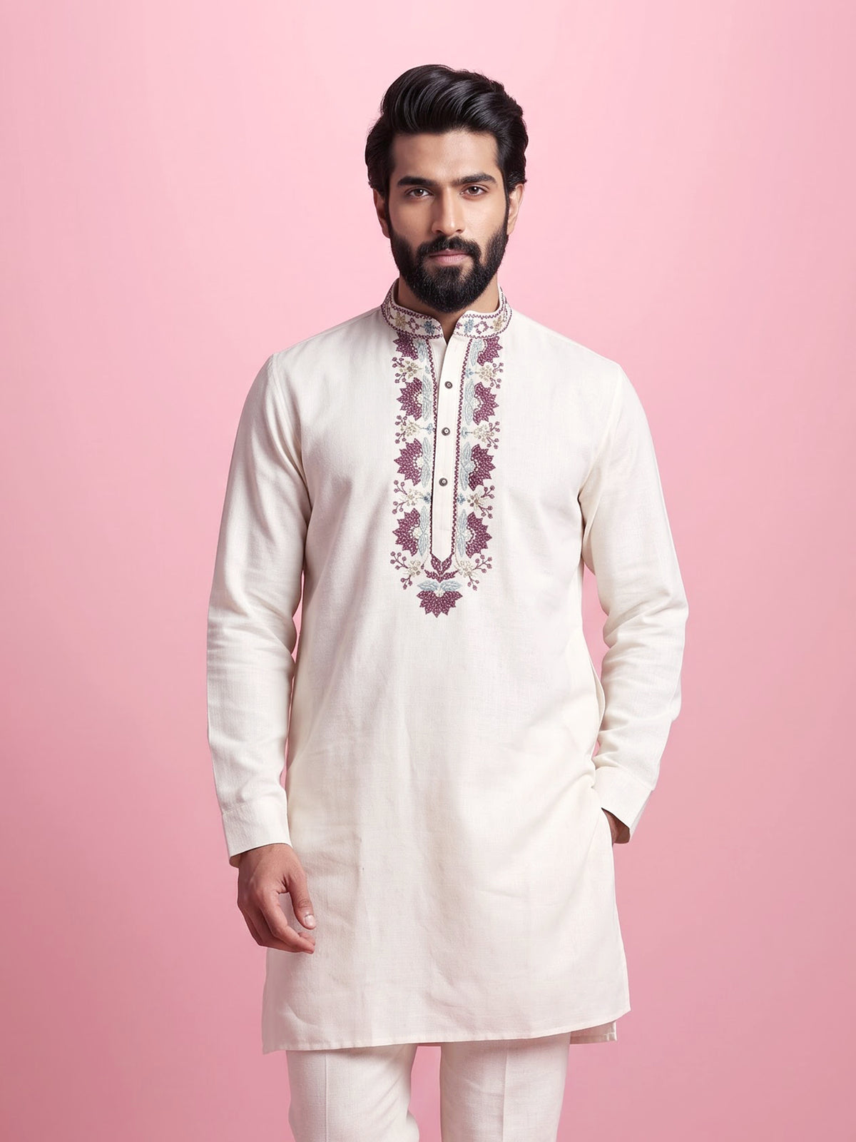 Off white linen mens kurta with thread, aabla embellished yoke
