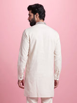 Off white linen mens kurta with thread, aabla embellished yoke