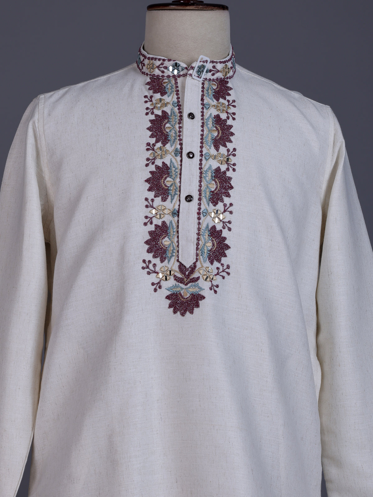 Off white linen mens kurta with thread, aabla embellished yoke