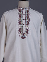 Off white linen mens kurta with thread, aabla embellished yoke