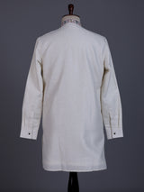 Off white linen mens kurta with thread, aabla embellished yoke