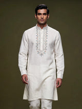 Off white linen mens kurta with thread work