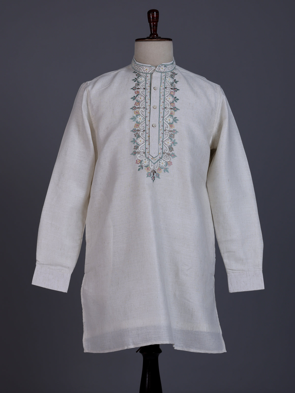 Off white linen mens kurta with thread work