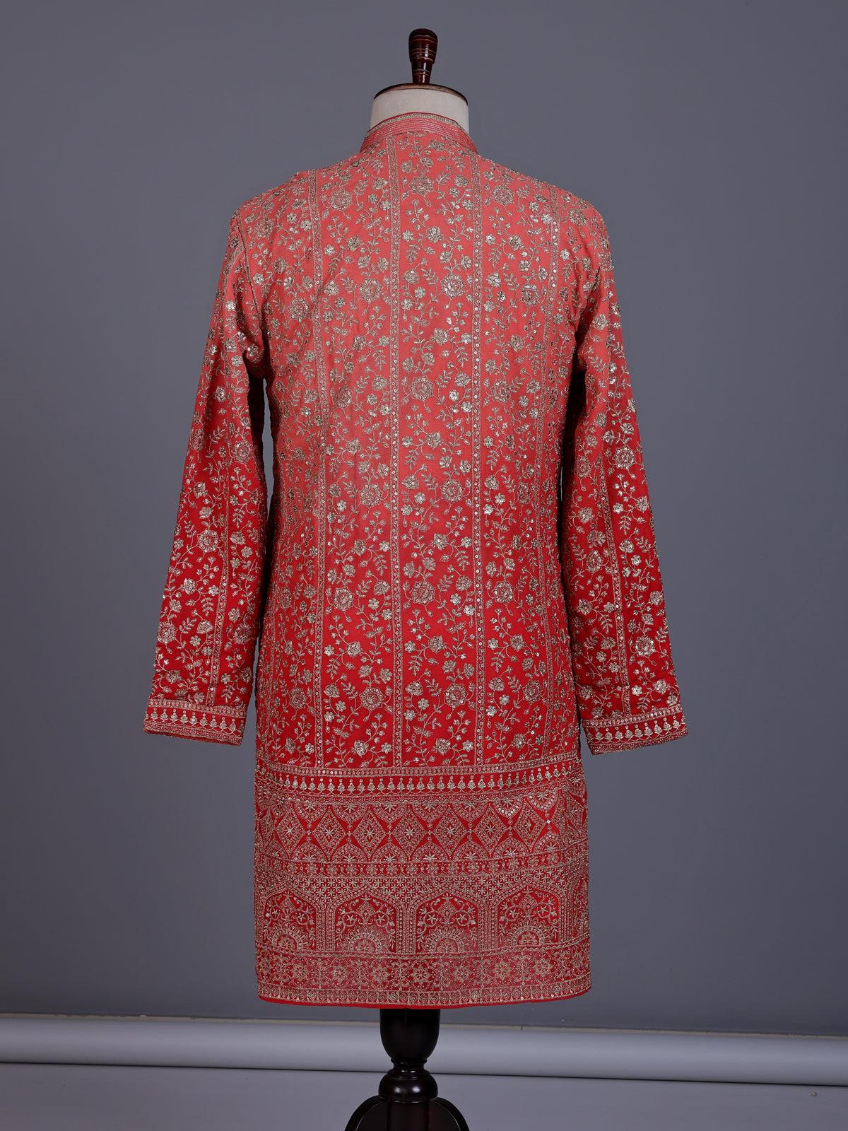 Red georgette mens kurta suit with heavy festive embroidery detailing
