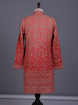 Red georgette mens kurta suit with heavy festive embroidery detailing