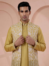 Yellow silk mens waistcoat set with aabla stone border detailing
