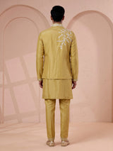 Yellow silk mens waistcoat set with aabla stone border detailing