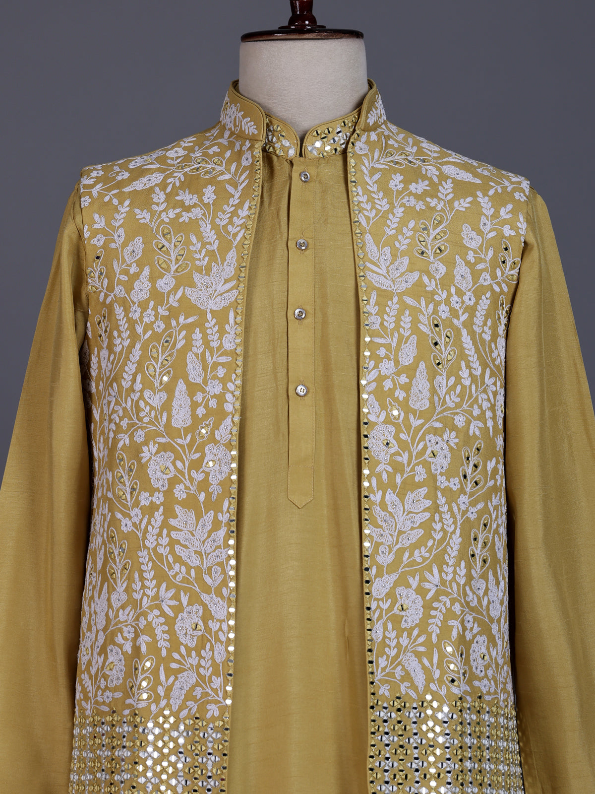 Yellow silk mens waistcoat set with aabla stone border detailing